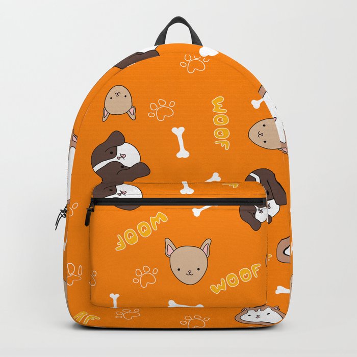Orange pattern with cute, funny happy dogs. Paws print, bones, woof text and pets. Backpack
