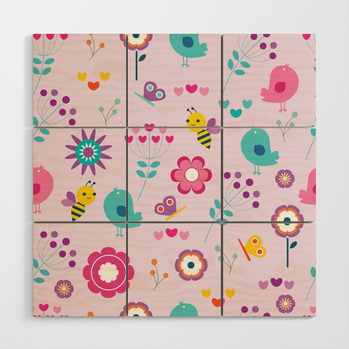 Flowers with Bees Birds and Butterflies Wood Wall Art