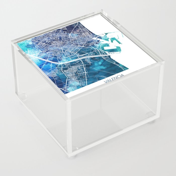 Valencia Spain Map Navy Blue Turquoise Watercolor Acrylic Box