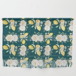 Lemons and White Flowers Pattern On Teal Blue Background Wall Hanging