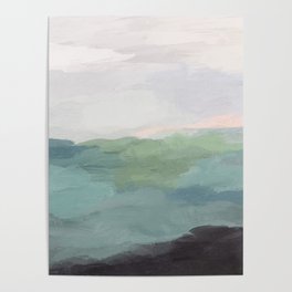 Farmland Sunset I - Seafoam Green Mint Black Blush Pink Abstract Nature Land Art Painting Poster