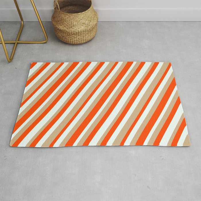 Red, Mint Cream, and Tan Colored Lines Pattern Rug