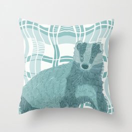 Badger on a pastel blue check like patterned background Throw Pillow