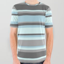 [ Thumbnail: Dark Gray, Dim Gray, Light Blue & Light Cyan Colored Stripes Pattern All Over Graphic Tee ]