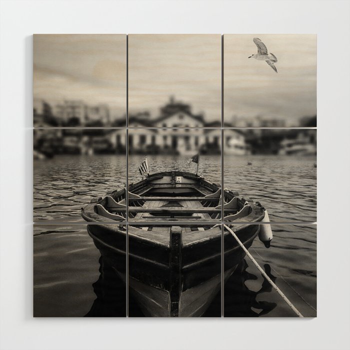 Ships in the blue harbor with seagull portrait black and white photograph / photography Wood Wall Art