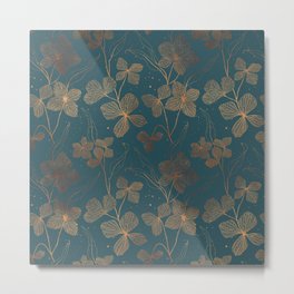 Copper Art Deco Flowers on Emerald  Metal Print | Emerald, Botanical, Cottagecore, Blossom, Floral, Vintage, Leaves, Gold, Graphicdesign, Pattern 