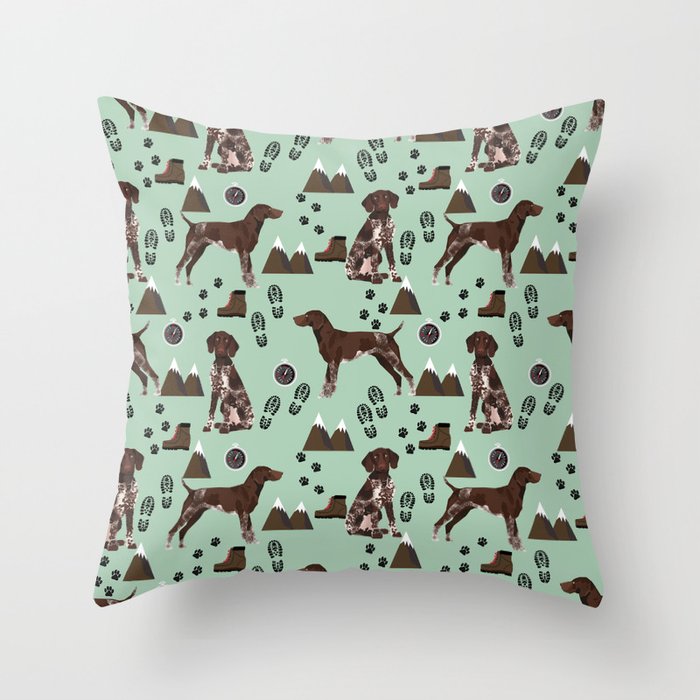 German Shorthair Pointer mountain hiking hiker outdoors camping dog breed Throw Pillow