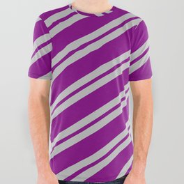 [ Thumbnail: Grey and Purple Colored Lined Pattern All Over Graphic Tee ]