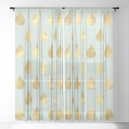 Golden Yellow Raindrops on Sage Green Background Sheer Curtain