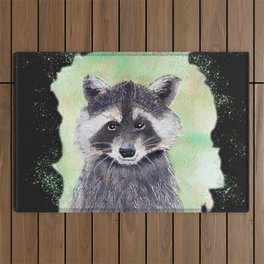 Raccoon Portrait Watercolor Black Background Outdoor Rug