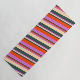 [ Thumbnail: Tan, Dark Slate Gray, Red & Orchid Colored Lined/Striped Pattern Yoga Mat ]