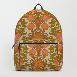 Orange, Pink Flowers and Green Leaves 1960s Retro Vintage Pattern Backpack