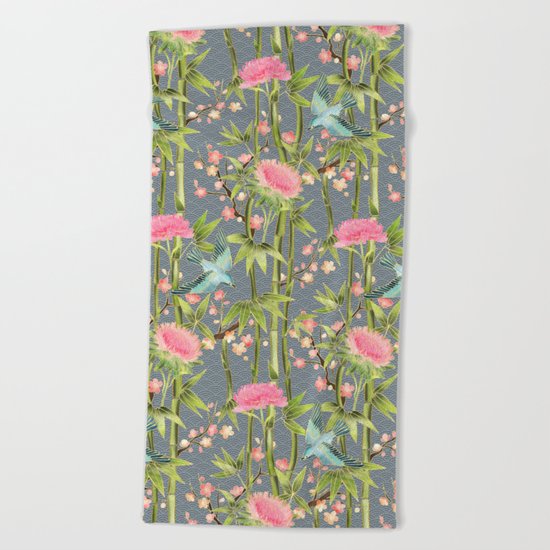 Bamboo, Birds and Blossom - grey Beach Towel