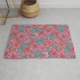 Pattern with pink damask roses on turquoise background Rug | Bloom, Bush, Floral, Turquoise, Blossom, Tree, Damask, Cherry, Pattern, Retro 
