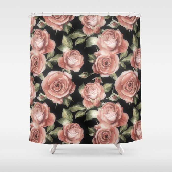 Classic Pink Roses On Black Shower, Black And Pink Shower Curtain
