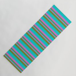 [ Thumbnail: Green, Dark Turquoise, and Orchid Colored Lined/Striped Pattern Yoga Mat ]