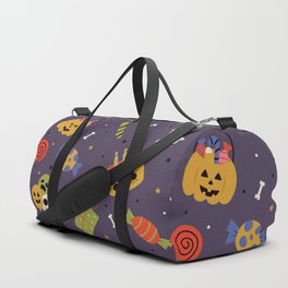 Seamless Pattern with Cartoon Halloween on Purple Background Duffle Bag