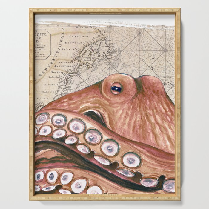 Octopus Rusty red Vintage Map Beige Nautical Serving Tray