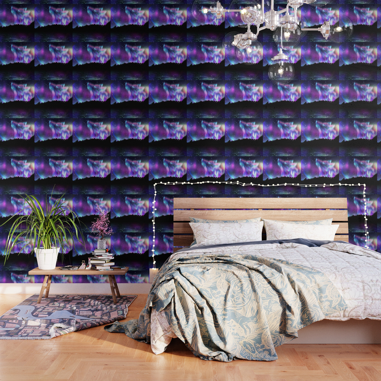 Northern Landscape With Howling Wolf Spirit And Aurora Borealis Wallpaper By Annartshock Society6