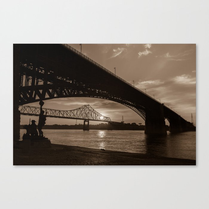 Mississippi River Sunrise Through Eads Bridge - Saint Louis Missouri - Sepia Canvas Print