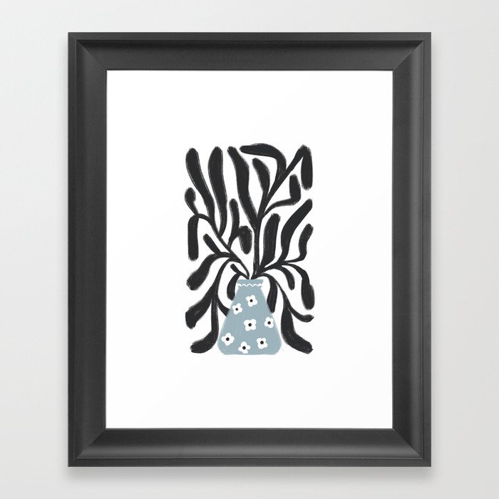Black leaves + blue vase illustration  Framed Art Print