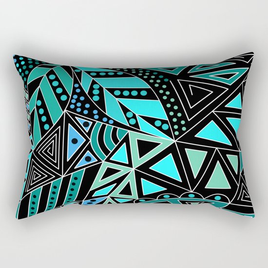 Ethnic pattern in blue turquoise tones on a black background . Rectangular Pillow