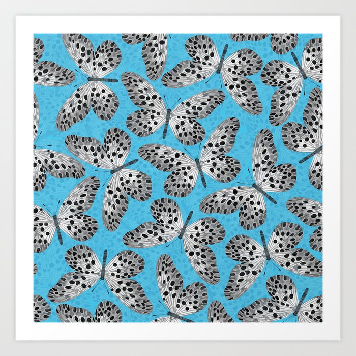 Black and white butterflies on blue background Art Print