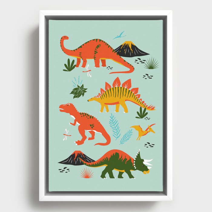 Jurassic Dinosaurs in Blue + Red Framed Canvas