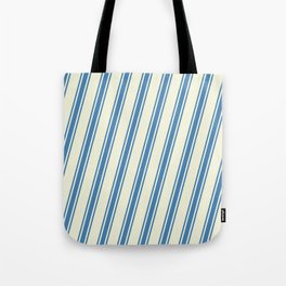 [ Thumbnail: Beige and Blue Colored Pattern of Stripes Tote Bag ]