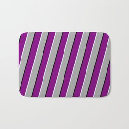 [ Thumbnail: Purple, Lavender, Dark Grey, and Black Colored Lines Pattern Bath Mat ]