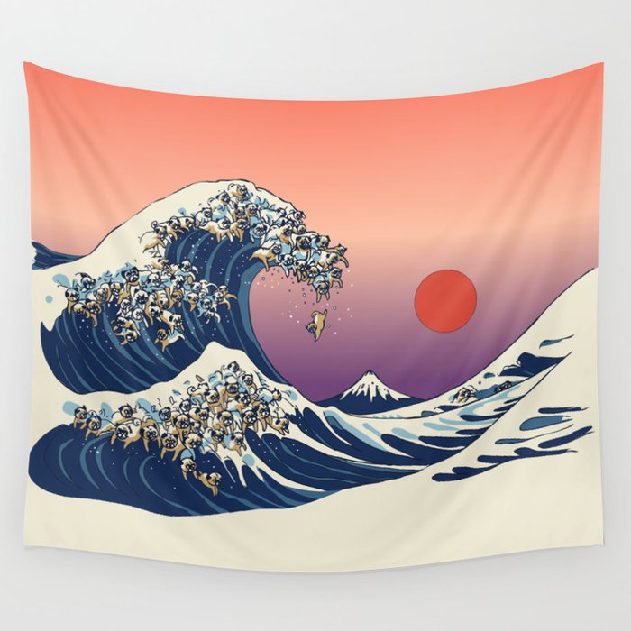 The Great Wave of Pug Wall Tapestry Wall Tapestry