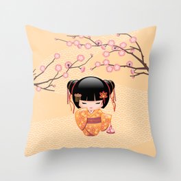 Japanese Ume Kokeshi Doll Throw Pillow | Doll, Kokeshi, Kawaii, Cartoon, Kimono, Illustration, Ume, Cute, Japan, Geisha 