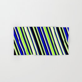 [ Thumbnail: Blue, Light Green, Beige & Black Colored Lines/Stripes Pattern Hand & Bath Towel ]
