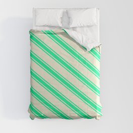 [ Thumbnail: Beige and Green Colored Stripes/Lines Pattern Comforter ]