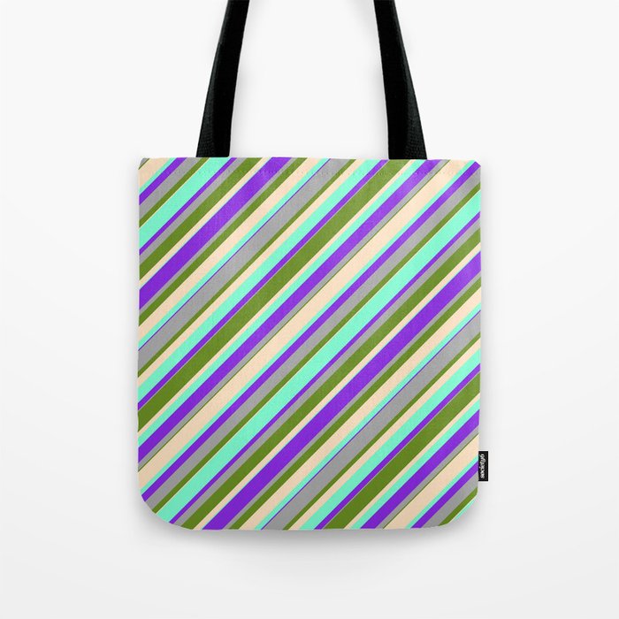 Green, Bisque, Aquamarine, Purple & Dark Gray Colored Stripes Pattern Tote Bag