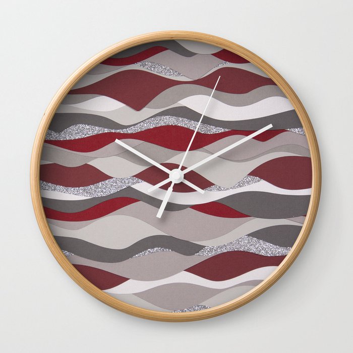 Waves Reds Grays Silver Wall Clock