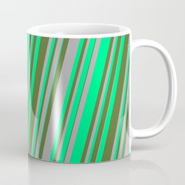 [ Thumbnail: Dark Grey, Green & Dark Olive Green Colored Lines/Stripes Pattern Coffee Mug ]