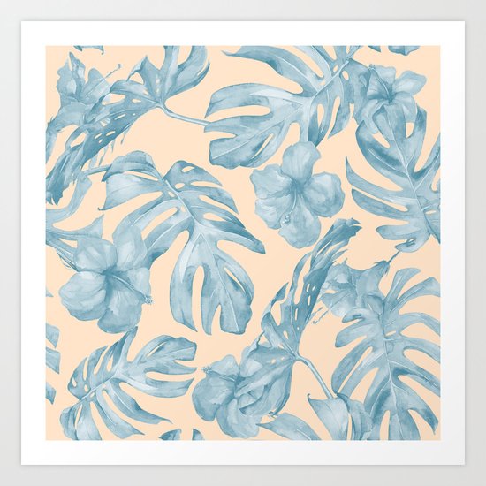 Tropical Leaves Sky Blue on Mango Coral Art Print