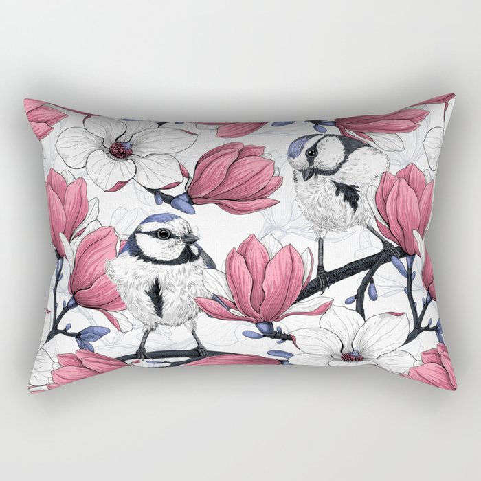 Pink magnolia and blue tit birds   Rectangular Pillow