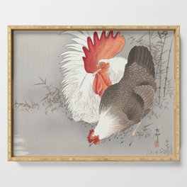 Japanese  Painting of Rooster and chicken Vintage Rooster and chicken Painting Watercolor Painting of Bird Serving Tray