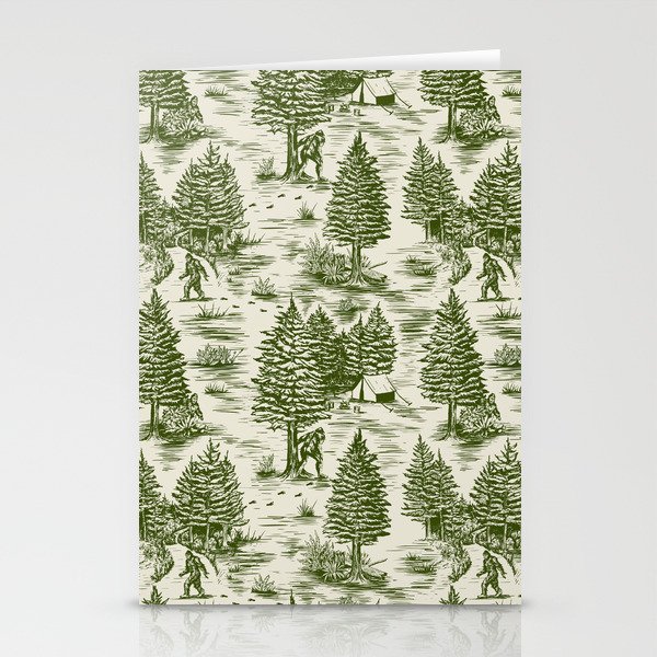 Bigfoot / Sasquatch Toile de Jouy in Forest Green Stationery Cards
