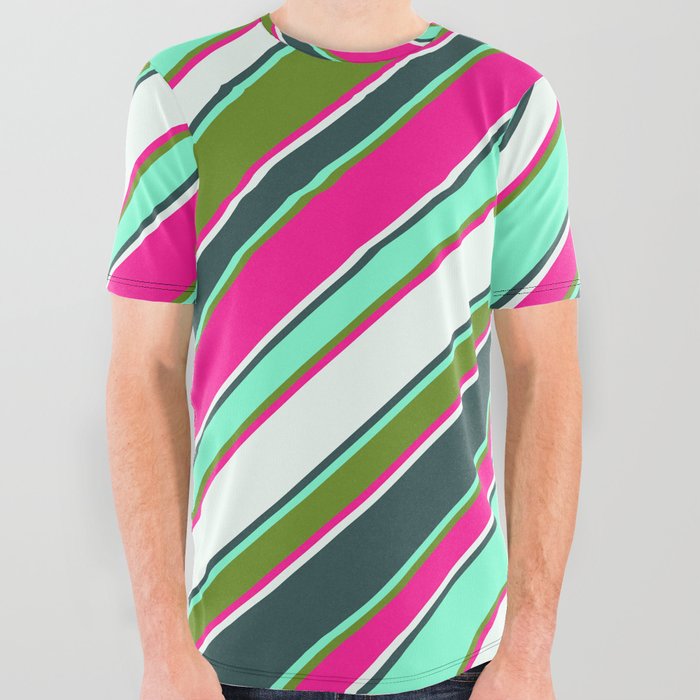 Vibrant Deep Pink, Mint Cream, Dark Slate Gray, Aquamarine, and Green Colored Lines/Stripes Pattern All Over Graphic Tee