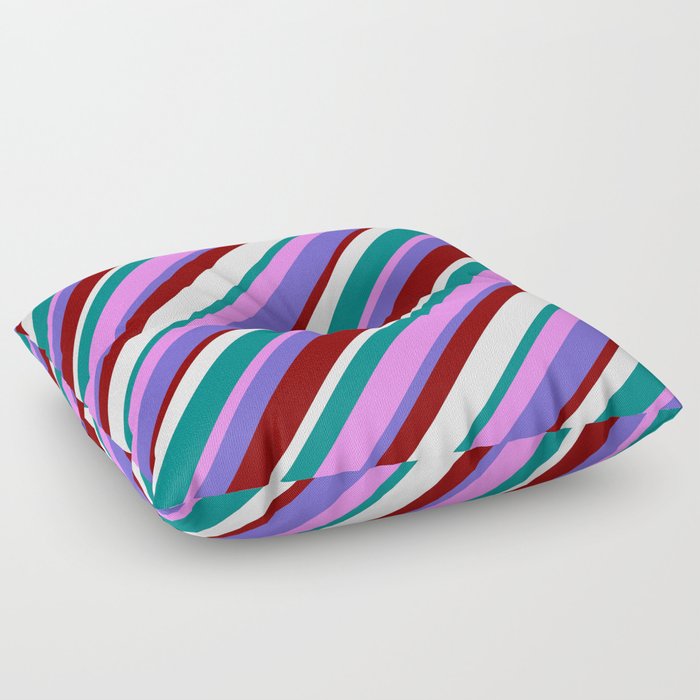 Vibrant Teal, Violet, Slate Blue, Maroon & White Colored Pattern of Stripes Floor Pillow