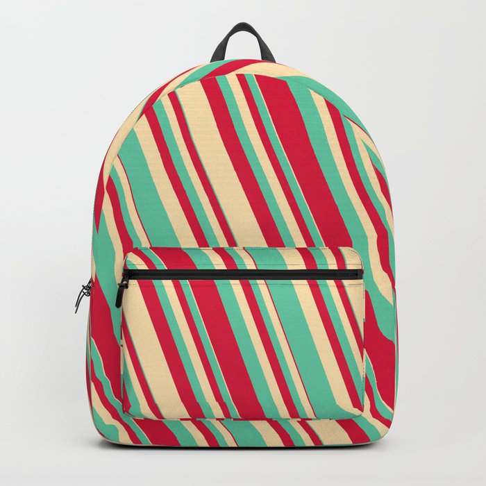 Aquamarine, Crimson, and Beige Colored Striped/Lined Pattern Backpack
