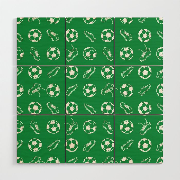 Soccer balls and boots doodle pattern. Digital Illustration Background Wood Wall Art