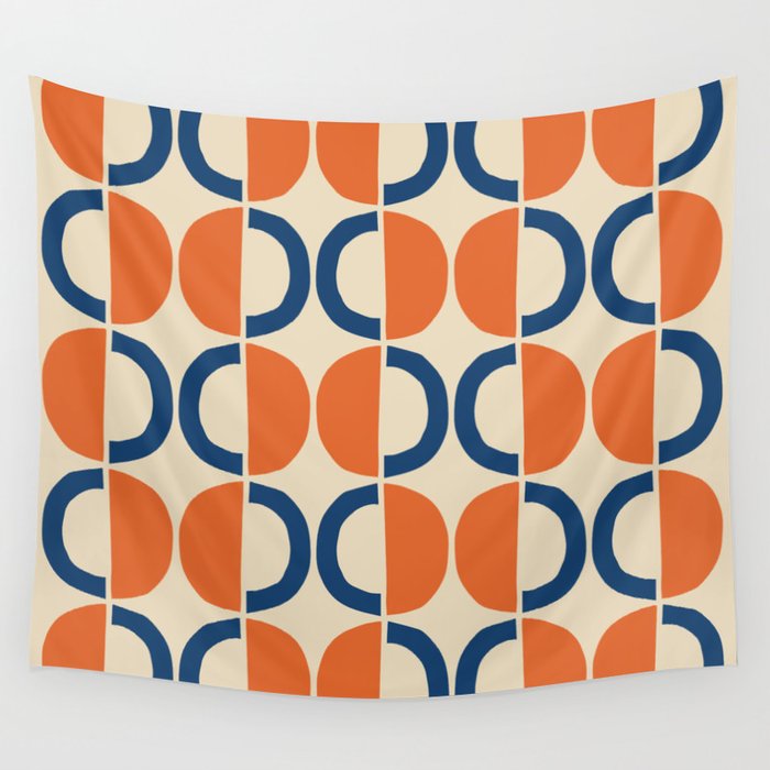 Mid Century Modern Scandinavian Pattern 534 Beige Blue and Orange Wall Tapestry