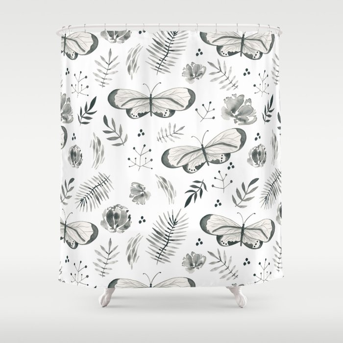 Watercolor Butterfly Gray Pattern Shower Curtain