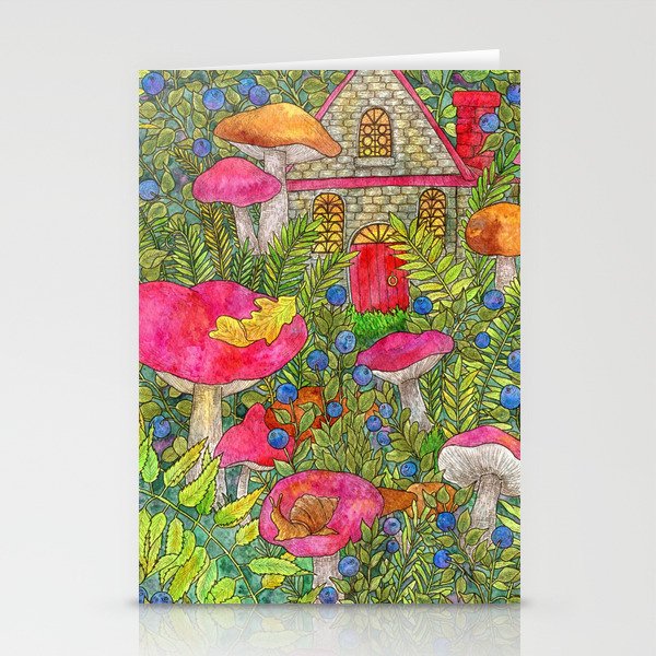 A small fairy house among mushrooms and berries. Painting with watercolors and ink. Cute illustration for the decor and design of posters, postcards, prints, stickers, invitations, textiles. Stationery Cards