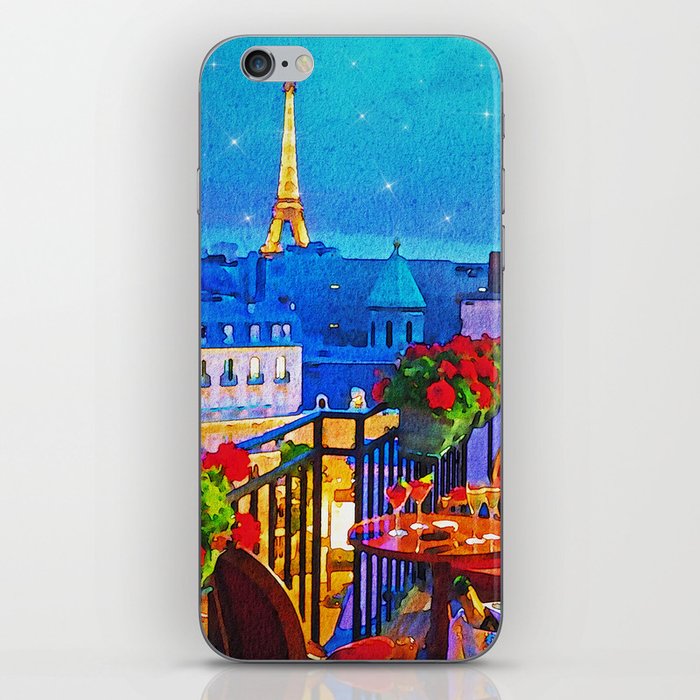 Paris balcony, Eiffel Tower night sky with twinkling stars watercolor romantic floral portrait painting iPhone Skin