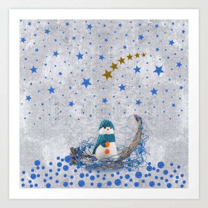 Snowman with sparkly blue stars Art Print